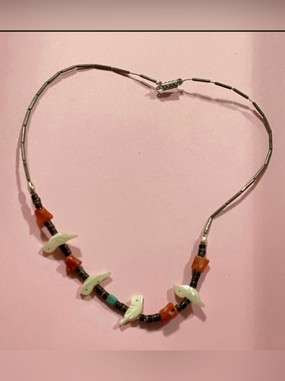 Vintage Native Turquoise Heishi Coral MOP Bird Liquid Silver Necklace #6755 💎 - Picture 1 of 9